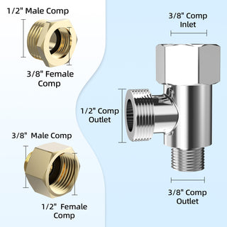 Bidet T-Valve with Adapter, 3/8” Metal T Valve for Bidet 3/8” X 3/8” X 1/2”, Two Brass 3/8 to 1/2 Adapters for 1/2” X 1/2” X 1/2” Water Supply Valve, Easy Installation with 3 Leak-Proof Accessories