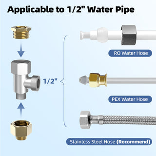 Bidet T-Valve with Adapter, 3/8” Metal T Valve for Bidet 3/8” X 3/8” X 1/2”, Two Brass 3/8 to 1/2 Adapters for 1/2” X 1/2” X 1/2” Water Supply Valve, Easy Installation with 3 Leak-Proof Accessories