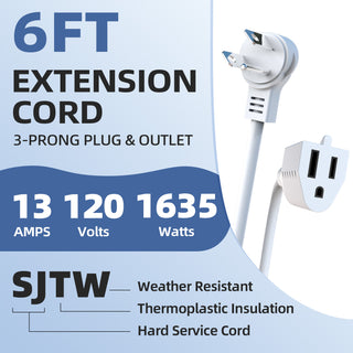 6FT Extension Cord Indoor, 1875W 15A Flat Plug Extension Cord with 3 Prong, Low Profile Power Cable, White